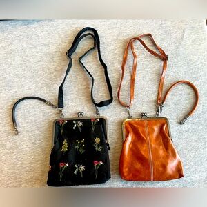 Handbag Set Floral Embroidery Black Camel Faux Leather Kiss Lock Convertible New